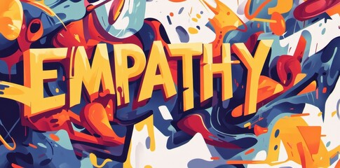 The word empathy is displayed with colorful abstract artwork surrounding it