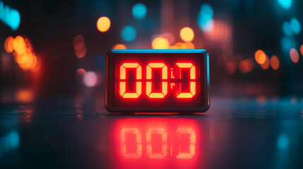 Red digital clock displaying 000 against a blurred bokeh background of orange and teal lights, reflecting on a dark surface, symbolizing new beginnings or countdown