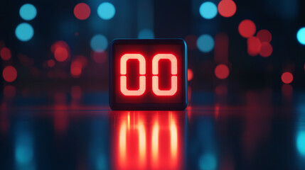 Red digital display showing "00" against a blurred bokeh background of red and blue lights, suggesting a countdown or timer concept
