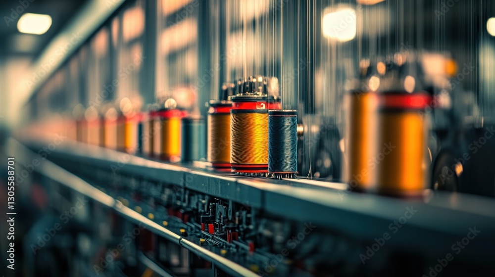 Poster rows of industrial thread spools running on a production line