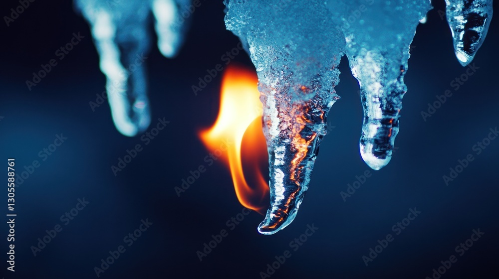 Poster fire is melting the clear ice in this macro close up