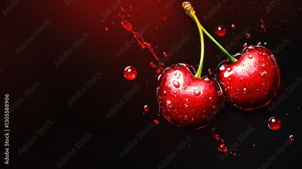 Poster two shiny red cherries resting on a dark background
