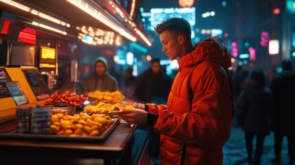 A young man selecting food from a street food vendor at night