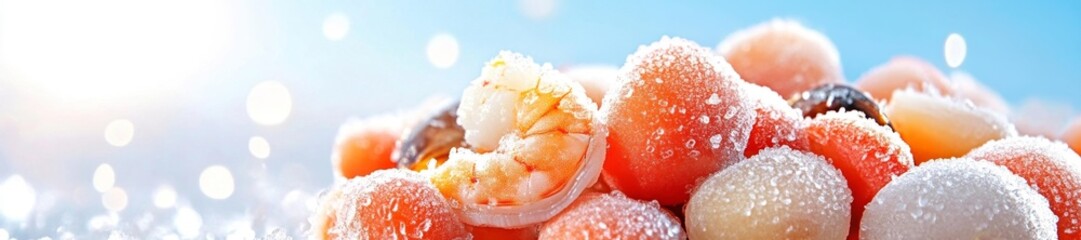 Fototapeta premium Frosted Shrimp and Seafood Mix with Cold Ice in a Bright Setting. Generative AI