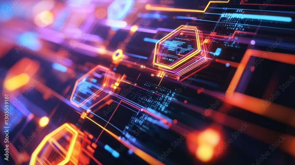 Poster futuristic digital data information network with neon light designs displayed