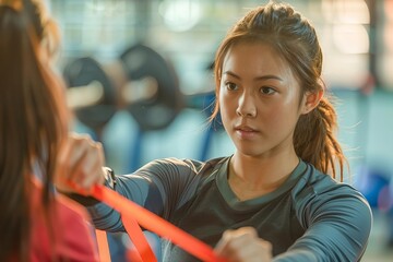 Young Asian female physiotherapist showcasing resistance band exercises in a gym with full-body photo.