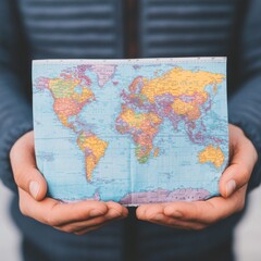Person holding a world map outdoors.