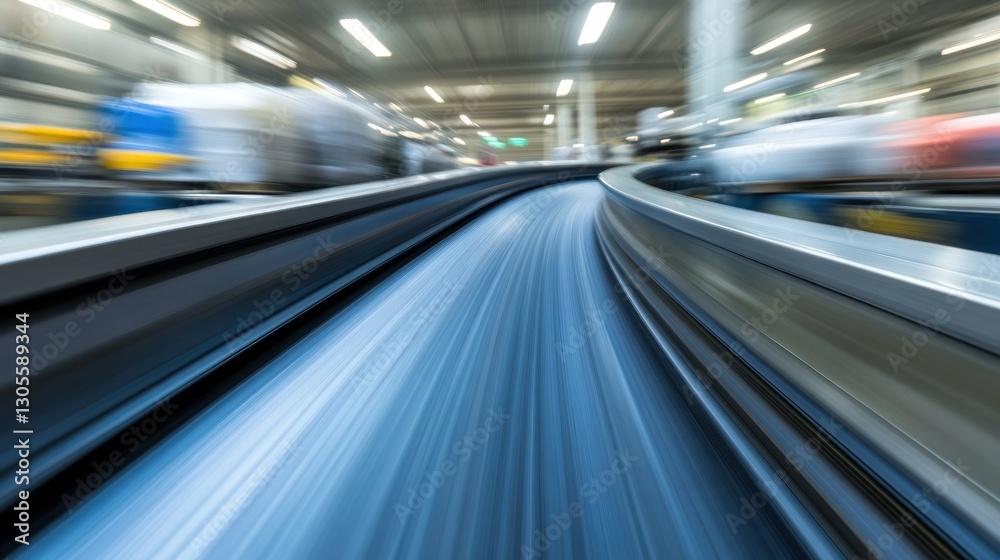Poster A conveyor belt showing motion inside a factory setting