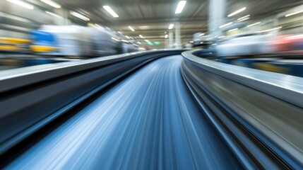 A conveyor belt showing motion inside a factory setting