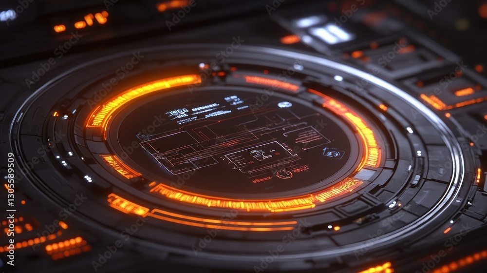 Poster Futuristic Display Interface Shows Data And Information In Orange Color