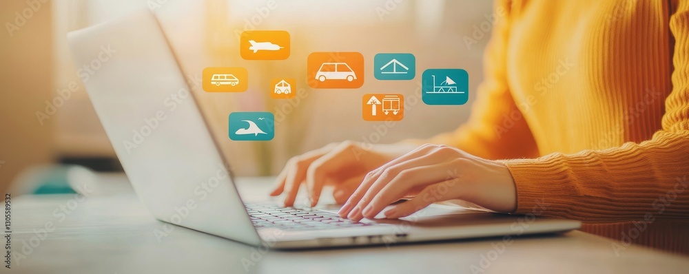 Wall mural person using laptop with travel icons displayed.