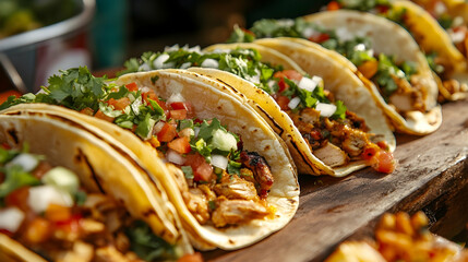 Delicious chicken tacos served with fresh salsa at a lively outdoor food festival
