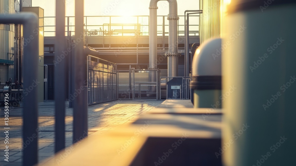 Poster sunset illuminates industrial structures of an urban setting brightly