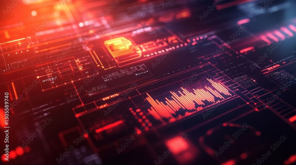 Poster A red glowing digital interface with data and graphical displays