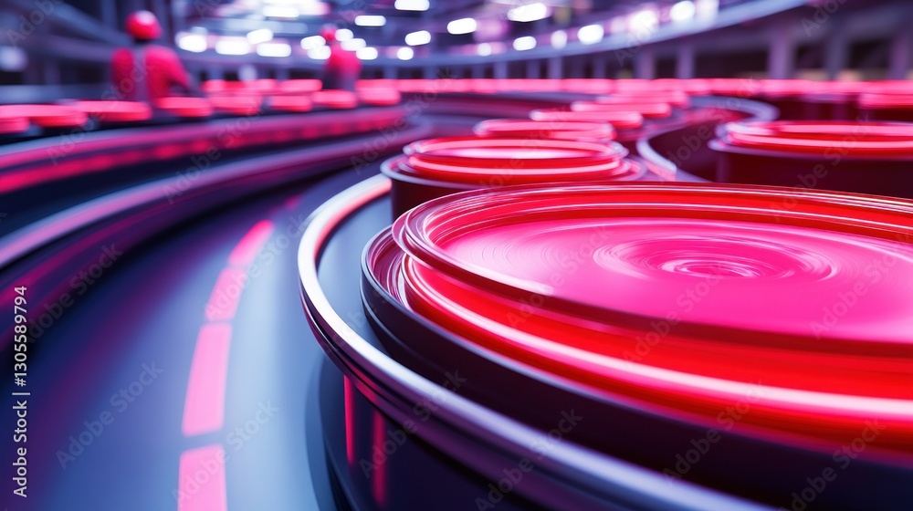 Poster industrial assembly line with red glowing machinery in operation