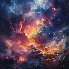 A dynamic and colorful nebula in space showcasing vibrant cosmic elements and stellar gas clouds