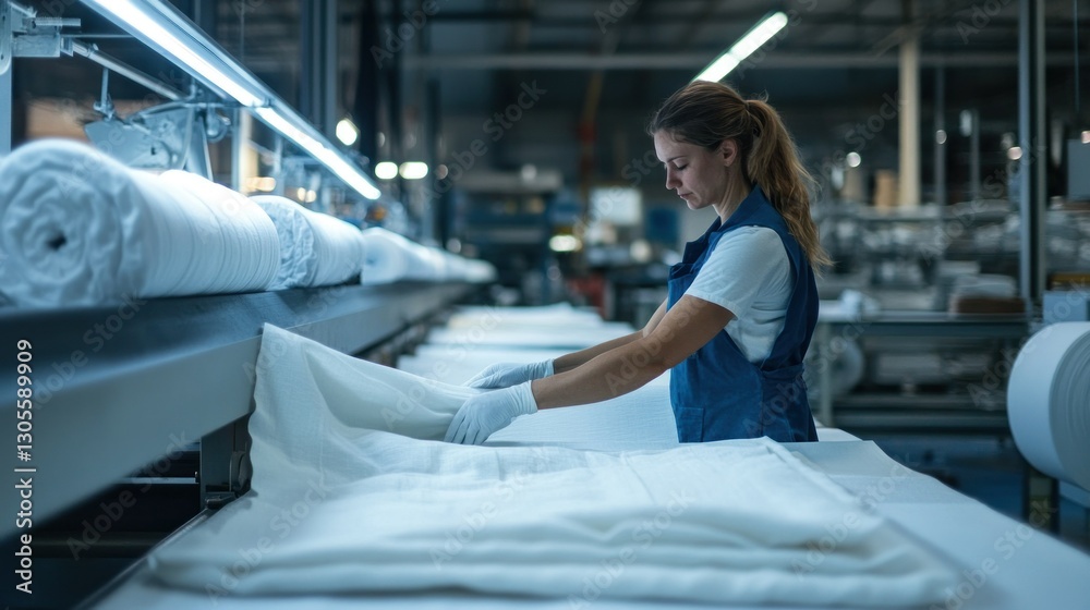Poster a female worker is working with fabrics in a factory