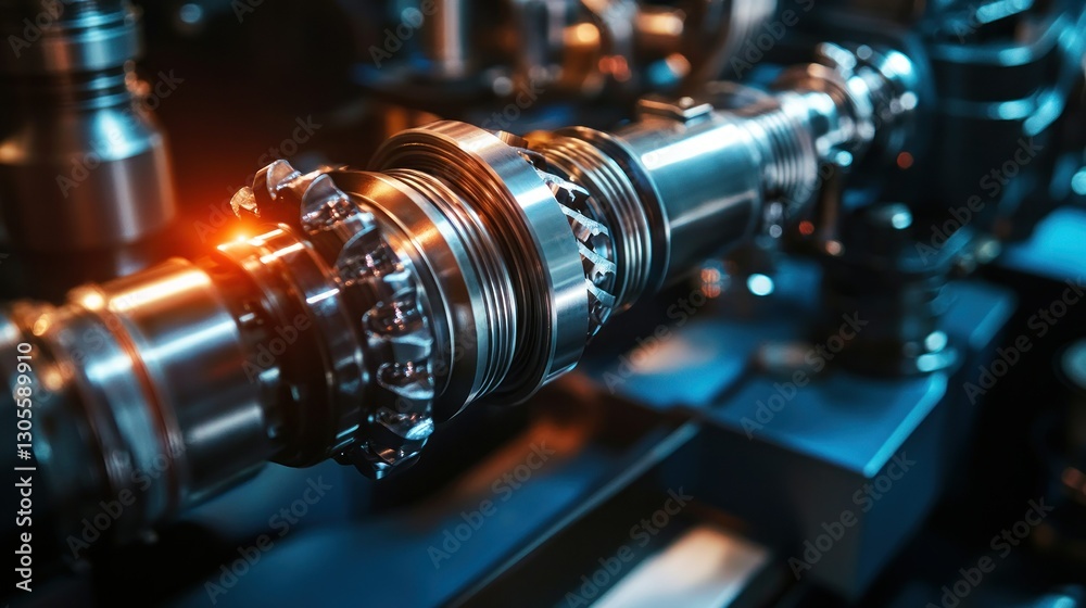 Poster close up of a machine part highlighting gears and metal finish