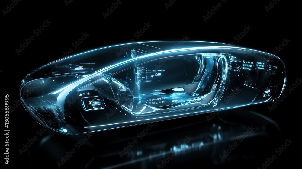Poster futuristic transparent vehicle showing its interior and technological interfaces