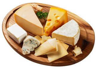 Various types of cheese arranged on a wooden board. Transparent background.