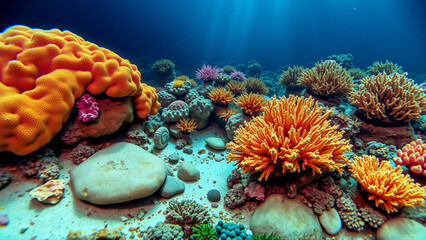 Naklejka premium Underwater world, algae, corals, rocks at the bottom of the sea