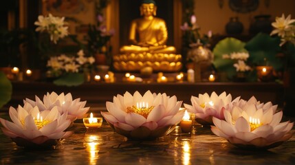 religious altar decor, a warm and inviting vesak day altar decorated with delicate lotus flowers, flickering candles, and golden buddha images