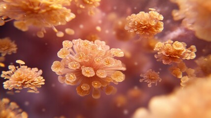 Several abstract floral shapes float softly with warm orange and purple hues