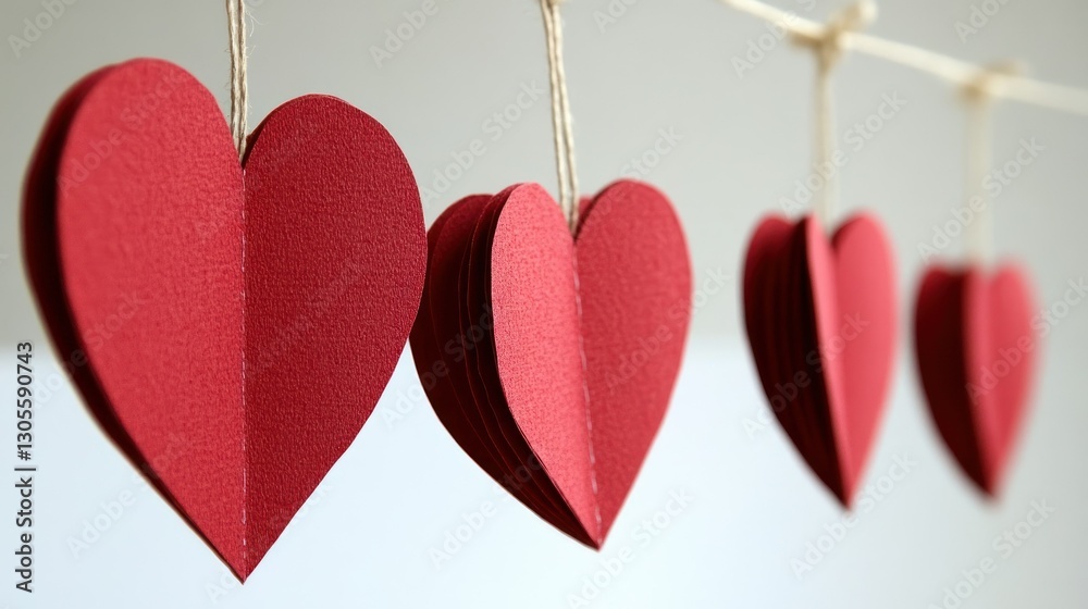 Poster Red paper hearts suspended on string creating a beautiful display