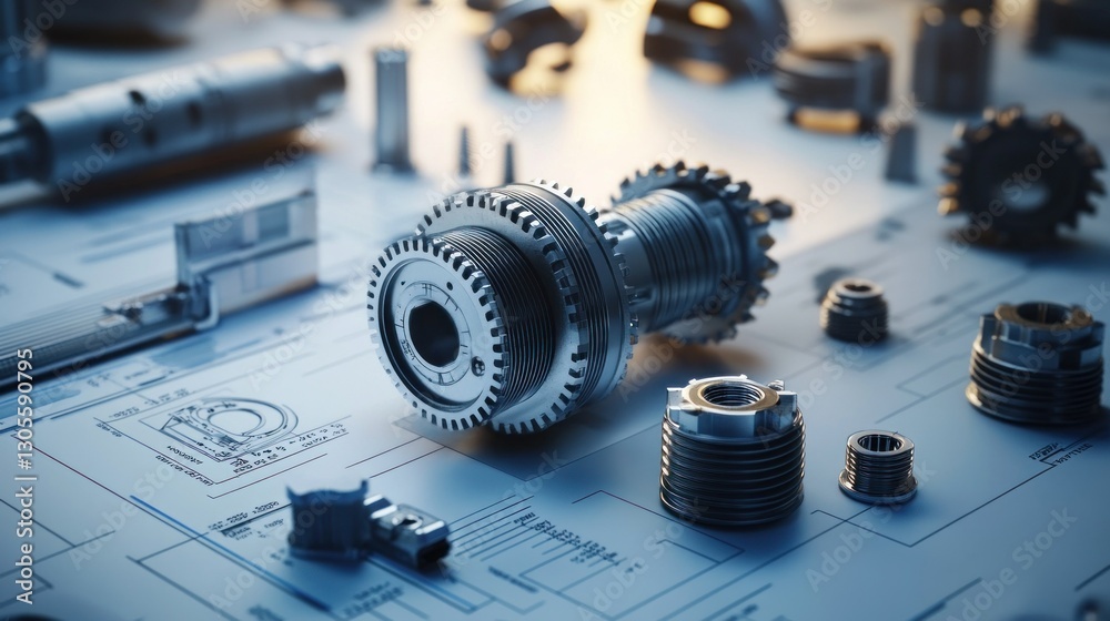 Poster detailed shot of several engineering parts on a blueprint table