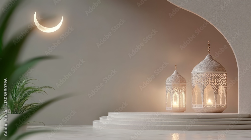 Aufkleber A serene image displaying lanterns and a crescent moon
