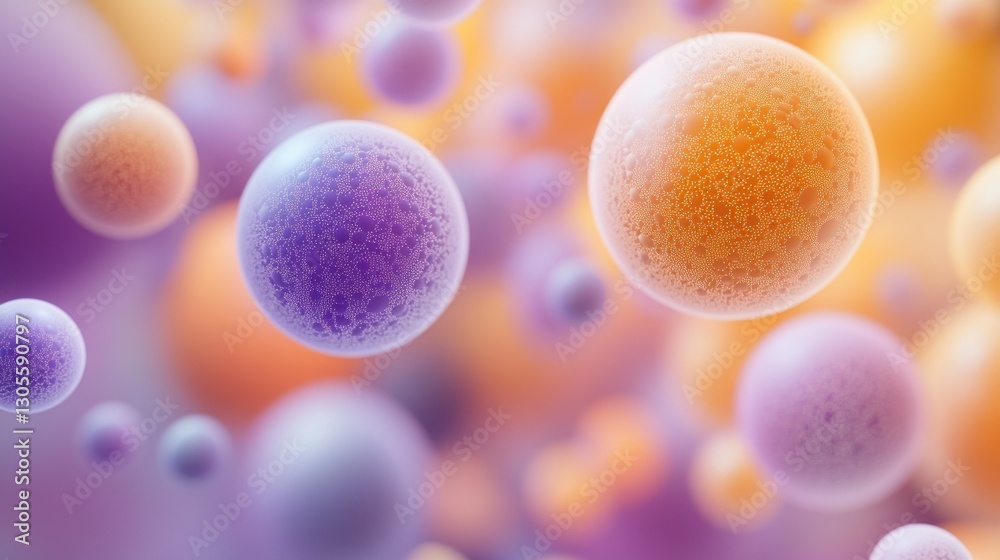 Poster Numerous floating spheres with various colors and textures are presented
