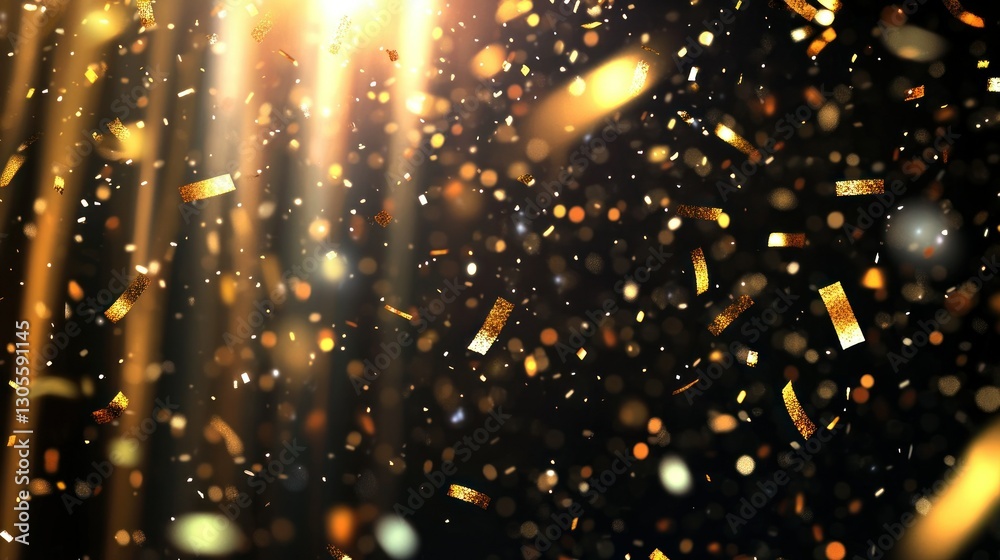 Poster golden confetti falling with spotlights and dark background effect