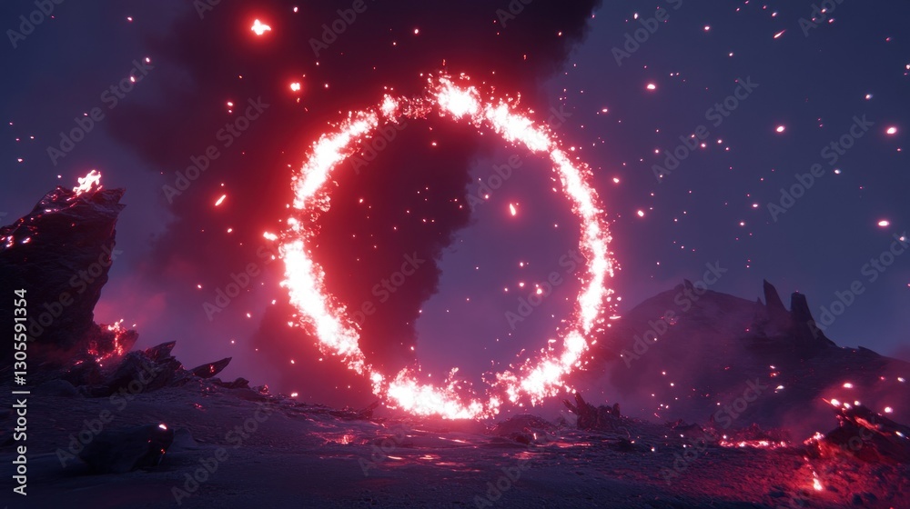 Poster a fiery ring of light is hovering over a terrain