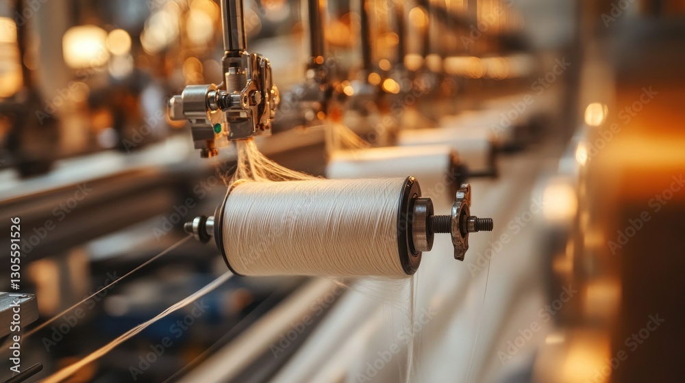 Poster A close up of spools with thread in a factory