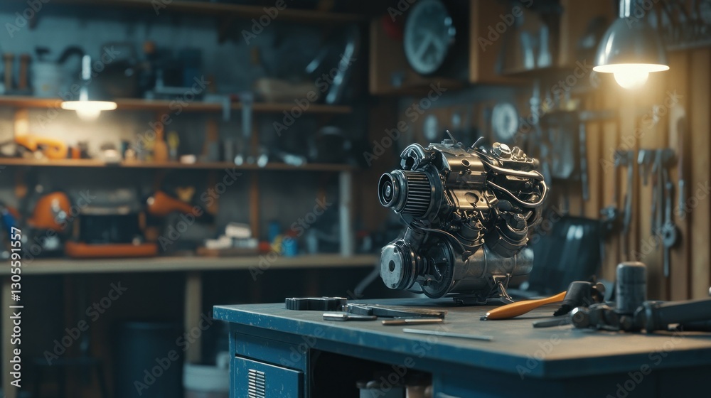 Poster A detailed image of a car engine in a workshop setting