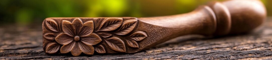 Wooden carving tool with floral design engraved on the handle for unique printing purposes. Generative AI