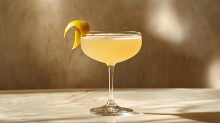 Elegant citrus-infused cocktail with a lemon twist, presented against a light champagne-toned background