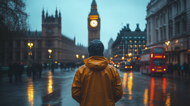 Lonely figure in a yellow raincoat observing the iconic Big Ben and busy streets of London during a rainy evening