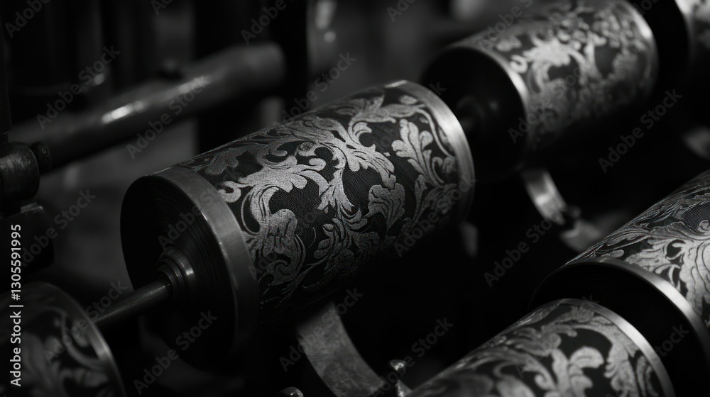 Poster Detailed view of the engraved cylinders within a machine structure