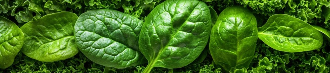 Close-up of spinach leaves resting on kale in a vibrant garden. Generative AI
