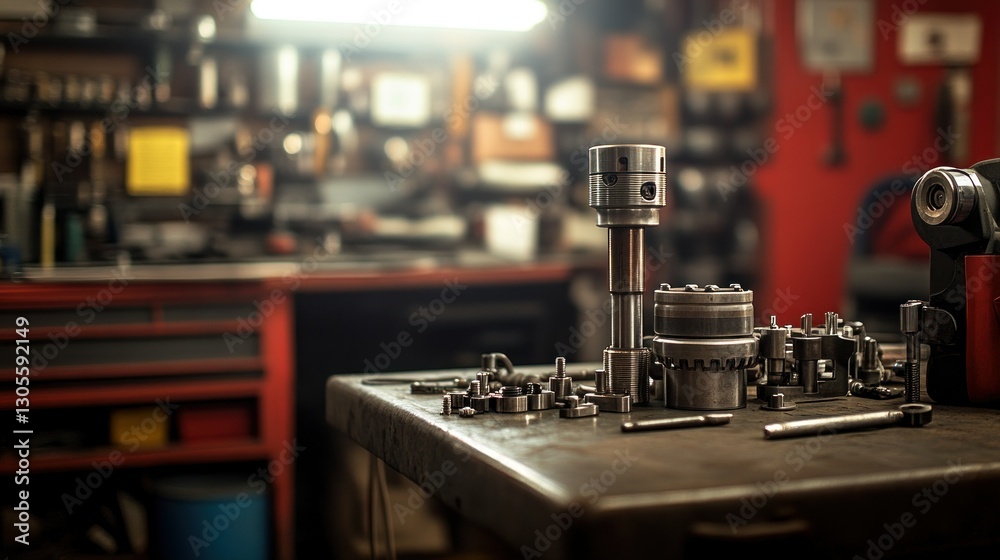 Poster detailed view of engineering metal components on a workbench surface