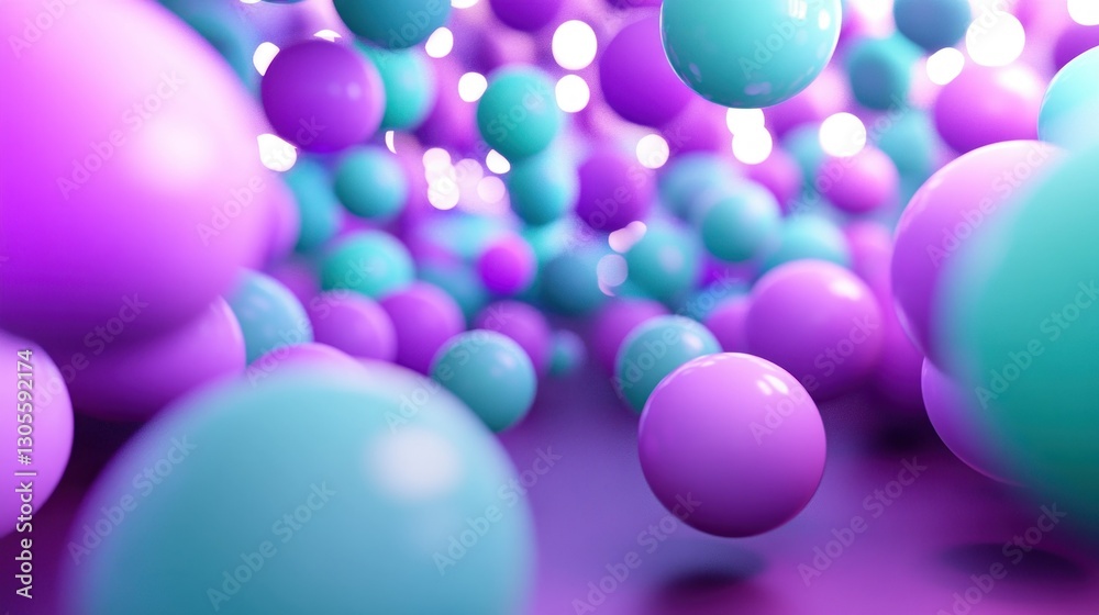 Poster many colorful spheres floating against a blurry background of light