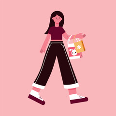 Stylish flat illustration of a woman walking with shopping bags, perfect for fashion, lifestyle, and modern design projects.