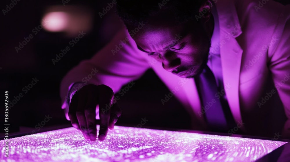 Poster A man examines a glowing display of data intensely