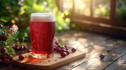 craft beer display, craft cherry beer poured onto a wooden board on a farmhouse table with summer decor, bathed in natural light