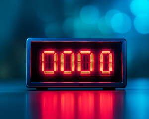 Red digital display showing 0000 against a blue blurred background, showcasing a minimalist and technological aesthetic, ideal for a countdown or timer concept