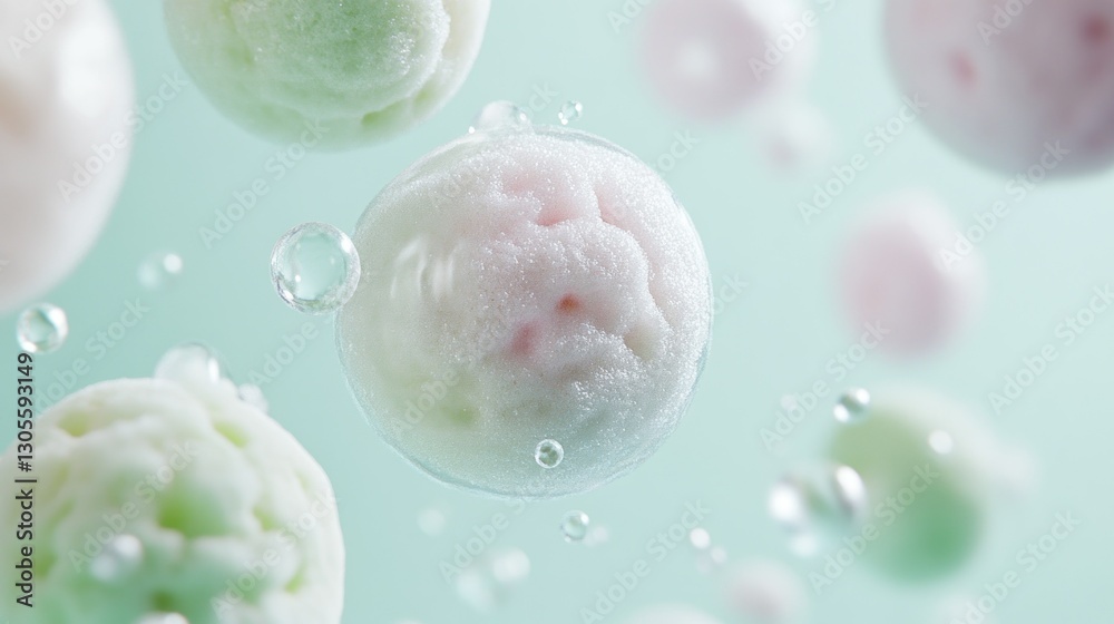 Poster Soft spheres and bubbles float across a light background