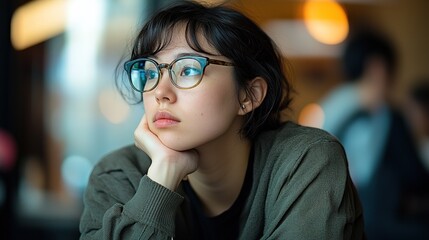 Young Woman Wearing Glasses Contemplatively Looks Away