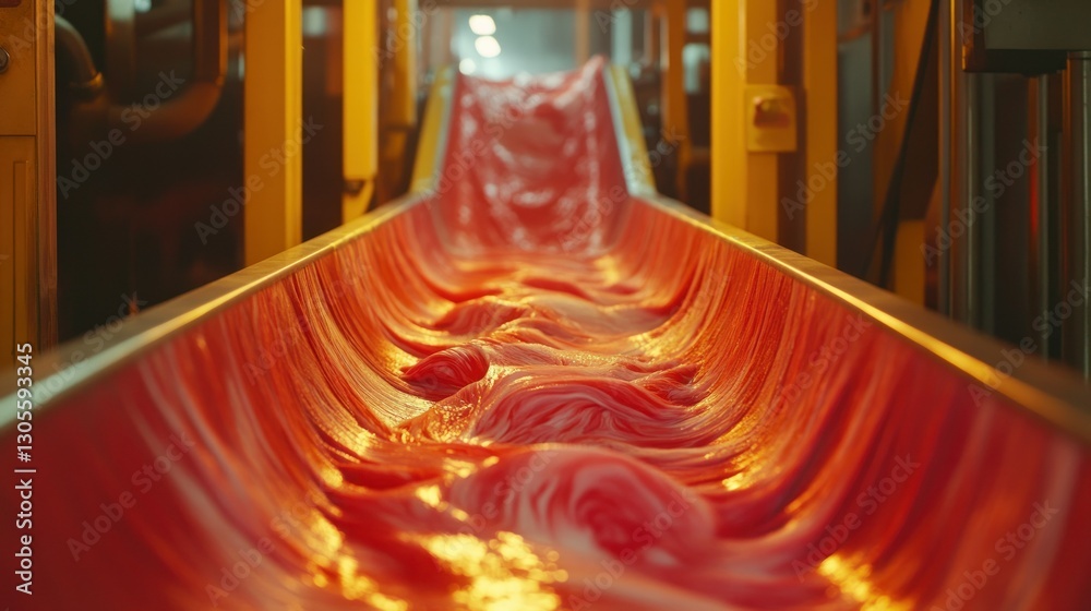 Poster Processed red fabric on a production line within a factory