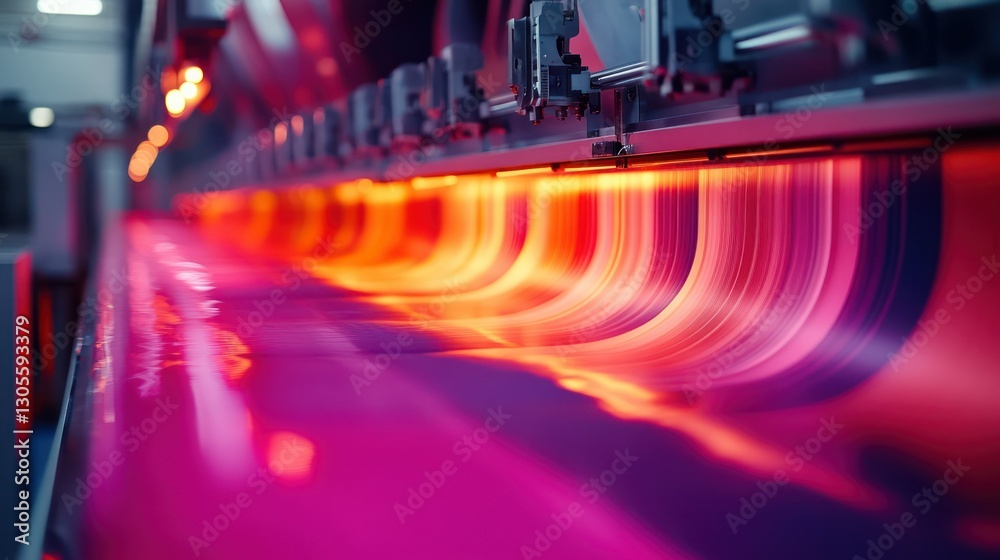 Poster the industrial machine processes red and purple colored material efficiently